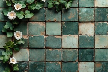 Poster - A section of a wall covered in green tiles, adorned with white flowers