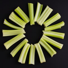 Aufkleber - Fresh celery stalks arranged in a circular pattern on a dark background