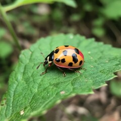 Poster - A single ladybug sits on a green leaf, enjoying the sun