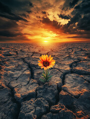 Poster - Vibrant flower blooming on cracked soil under dramatic sunset sky