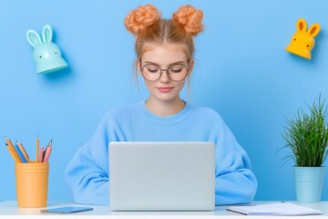 Poster - In the office, a young female employee uses her laptop to write notes, participate in a virtual work meeting, watch a webcast, or attend an online training course, all while doing research.