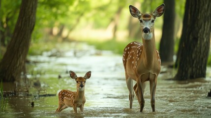 Aufkleber - A pair of deer stand close by each other in a serene forest environment, with tall trees and foliage
