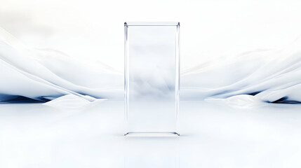 Transparent glass display stand on white fabric backdrop; product presentation, advertising.