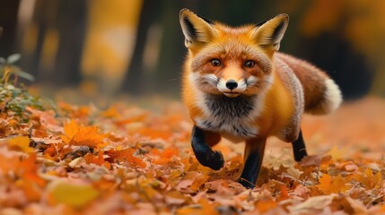 Aufkleber - A red fox runs quickly through a pile of autumn leaves, its fur blending with the surroundings