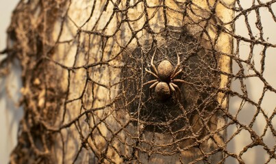Close up of a net with a spider web on it. The spider web is in the center of the net and is surrounded by the net's strings. The spider web is made of a brown material and he is old and worn