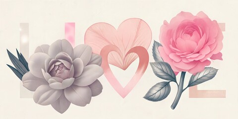 Wall Mural - Vibrant floral display with a heart and the word love, capturing the essence of romance and beauty in a delicate arrangement of pink hues and soft textures