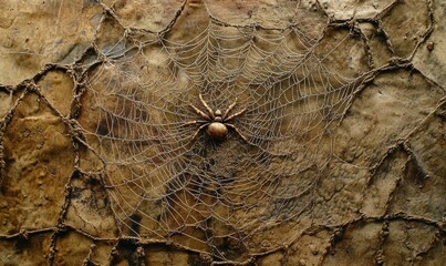 Close up of a net with a spider web on it. The spider web is in the center of the net and is surrounded by the net's strings. The spider web is made of a brown material and he is old and worn