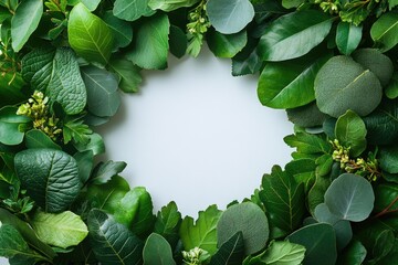 Poster - A beautiful wreath made of green leaves and flowers on a white surface, perfect for decorations or gifts