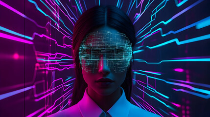 Woman, digital mask, futuristic background, data streams, tech innovation, concept art.