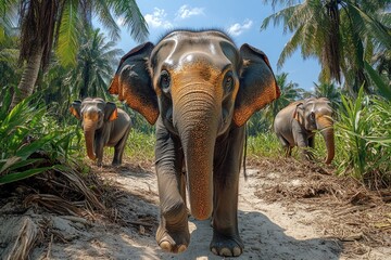 Poster - A group of elephants walking down a dirt road