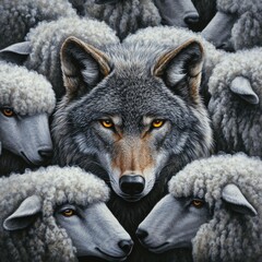 Poster - A wolf is surrounded by sheep in this illustration