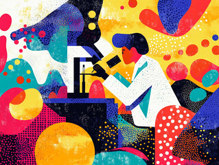 Poster - Abstract scientist working with a microscope in a vibrant artistic scene
