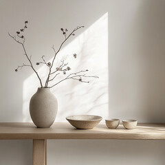 Aufkleber - Minimalist ceramic vase with branches and bowls in sunlight