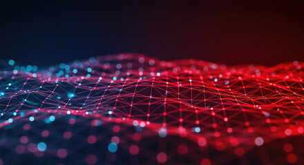 Poster - abstract technology low poly or polygonal background from lines, dots and glowing particles with red and blue lights