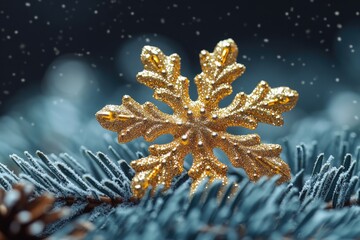 Poster - A golden snowflake sits atop a pine tree branch, shining brightly in the winter landscape