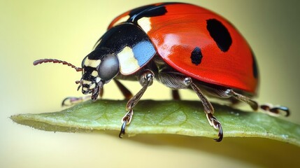 Poster - A ladybug sits on the edge of a green leaf, its bright red and black body visible against the foliage