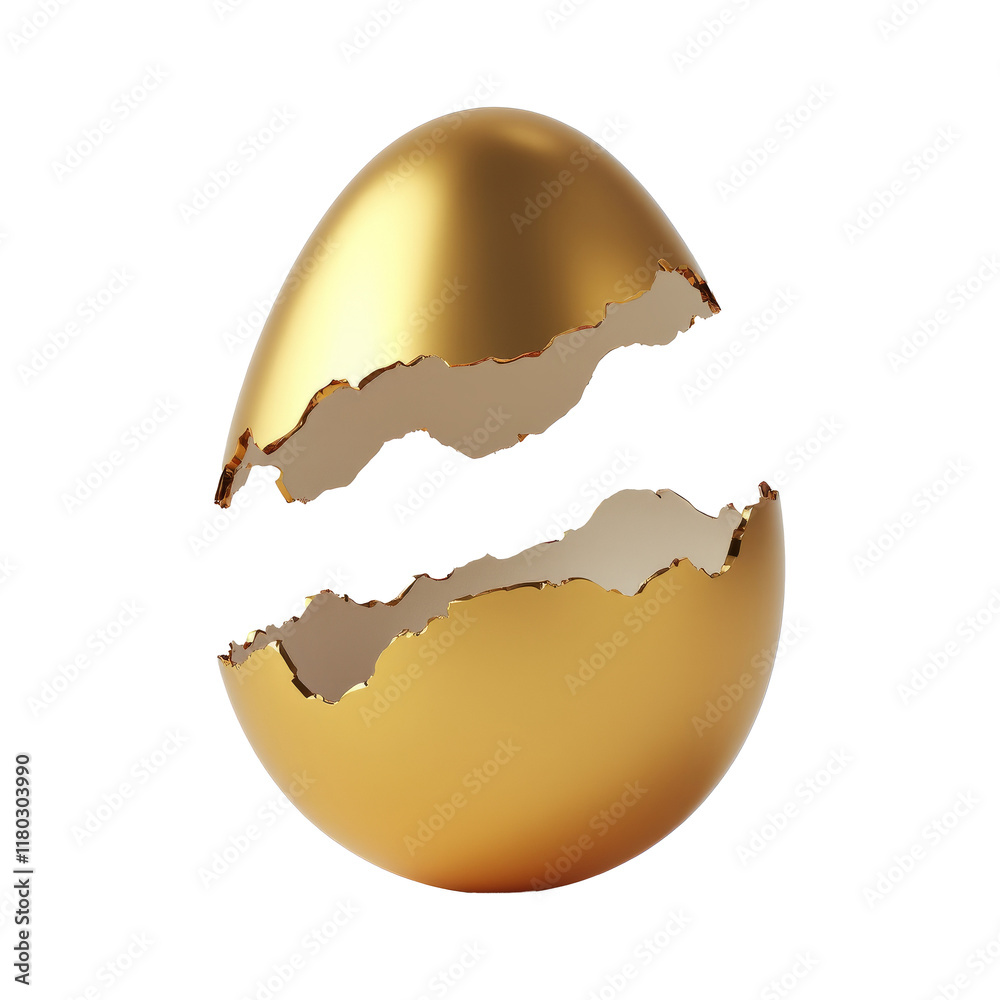 A broken golden egg shell with sharp edges, isolated on transparent ...