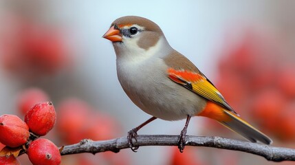 Wall Mural - A small bird sits comfortably on the branch of a tree, surrounded by leaves and maybe some fruits