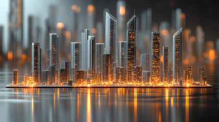 Futuristic abstract cityscape with glowing geometric structures in white gold and silver tones evoking innovation progress and modernity light bright ambiance with blurred background and blank caption