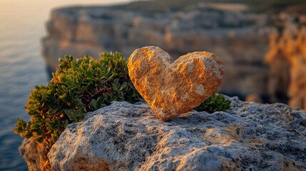 Wall Mural - Heart-shaped rock formation by the sea in a serene coastal landscape symbolizing love unity and connection with soft waves and a calming horizon suggesting timeless romance and peaceful solitude

