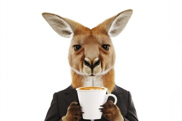 Poster - A kangaroo in a business suit holds a cup of coffee, an unusual and playful scene