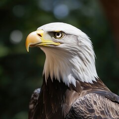 Poster - A close-up view of a bald eagle perched among tree branches