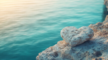 Wall Mural - Heart-shaped rock formation by the sea in a serene coastal landscape symbolizing love unity and connection with soft waves and a calming horizon suggesting timeless romance and peaceful solitude

