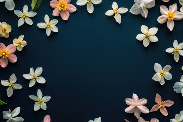 Poster - A beautiful arrangement of white and pink flowers on a bright blue background, perfect for use in designs related to spring, summer, or as a decorative element
