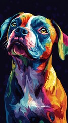 Sticker - Portrait of a Multicolored Abstract Dog Artwork Featuring a Stylized Canine with Vibrant Colors and Expressive Features against a Dark Background in a Modern Aesthetic