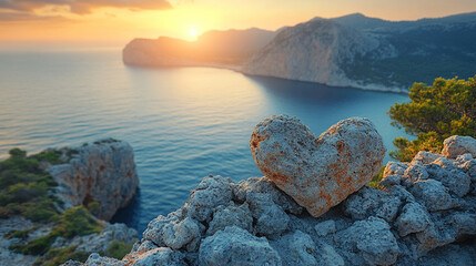 Heart-shaped rock formation by the sea in a serene coastal landscape symbolizing love unity and connection with soft waves and a calming horizon suggesting timeless romance and peaceful solitude

