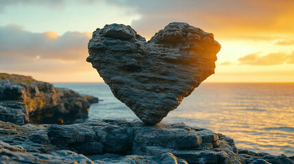 Wall Mural - Heart-shaped rock formation by the sea in a serene coastal landscape symbolizing love unity and connection with soft waves and a calming horizon suggesting timeless romance and peaceful solitude

