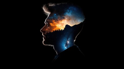 Wall Mural - a man's face is shown in a black background with a starry sky above him