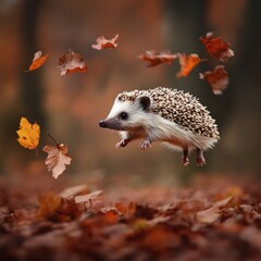 Poster - A dynamic image of a hedge jumping high in the air, surrounded by flying leaves