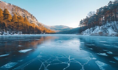 Poster - Blue Ice with Cracks Over a Frozen Lake and Pine Hills Under Clear Winter Sky