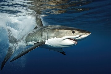 Poster - A great white shark swims through the open ocean waters