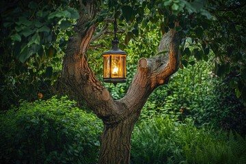 Aufkleber - A lantern is hanging from the side of a tree, providing light in the dark