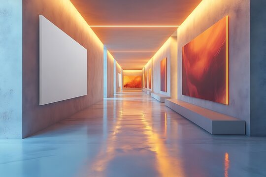 Contemporary interior a clean white canvas on a textured concrete wall geometric ceiling lights above and a polished reflective floor offering a minimalist yet elegant setting 3D rendering