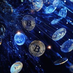 Poster - A bunch of bitcoins hovering in mid-air, with a subtle glow