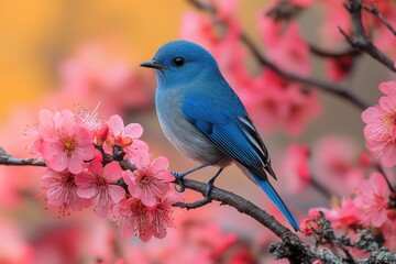 Poster - A small blue bird perches on a branch of a tree, looking around