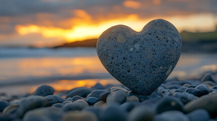 Wall Mural - Heart-shaped rock formation by the sea in a serene coastal landscape symbolizing love unity and connection with soft waves and a calming horizon suggesting timeless romance and peaceful solitude

