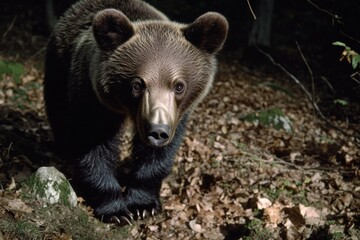 Poster - A large brown bear is seen walking through the forest, its natural habitat