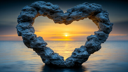 Wall Mural - Heart-shaped rock formation by the sea in a serene coastal landscape symbolizing love unity and connection with soft waves and a calming horizon suggesting timeless romance and peaceful solitude

