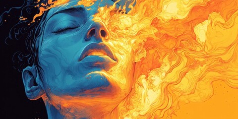 Wall Mural - Vivid Digital Artwork Depicting a Human Face Merging with Fiery Elements in a Bold and Surreal Explosion of Color and Emotion