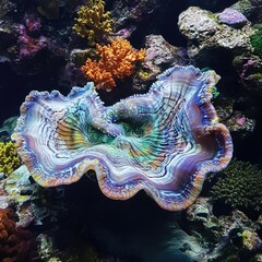 Poster - A large clam is nestled among the colorful coral and sea anemones of a vibrant reef
