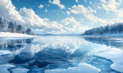 Poster - Frozen Lake with Blue Ice Cracks, Pine Hills, and a Bright Winter Sky