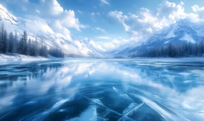 Poster - Frozen Lake with Blue Ice Cracks, Pine Hills, and a Bright Winter Sky