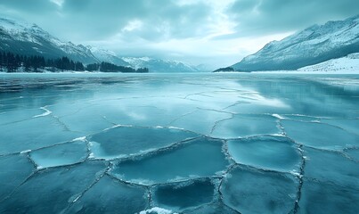 Poster - Blue Ice Surface with Cracks and Pine Hills Against a Winter Sky