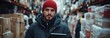 © artsGentor - Cargo Concetp. Man in a red hat stands in a warehouse filled with boxes.