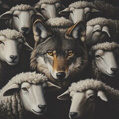 Poster - A wolf amidst a flock of sheep, highlighting the unexpected presence of a predator among its natural prey