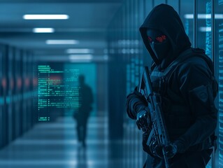Poster - SWAT soldiers team in data center. Special forces in cyber war. Cybercrime, cybersecurity concept. Data and network protection. Armed FBI agent, police officer in AI cluster corridor. Security guard